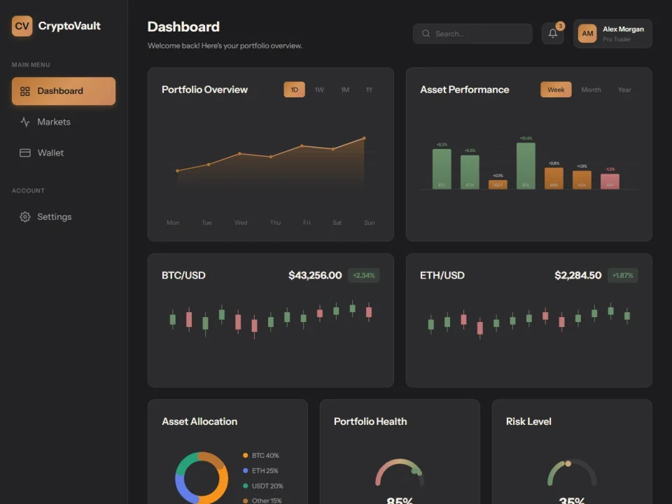 CryptoVault dashboard UI showing portfolio charts, allocation, transactions and watchlists