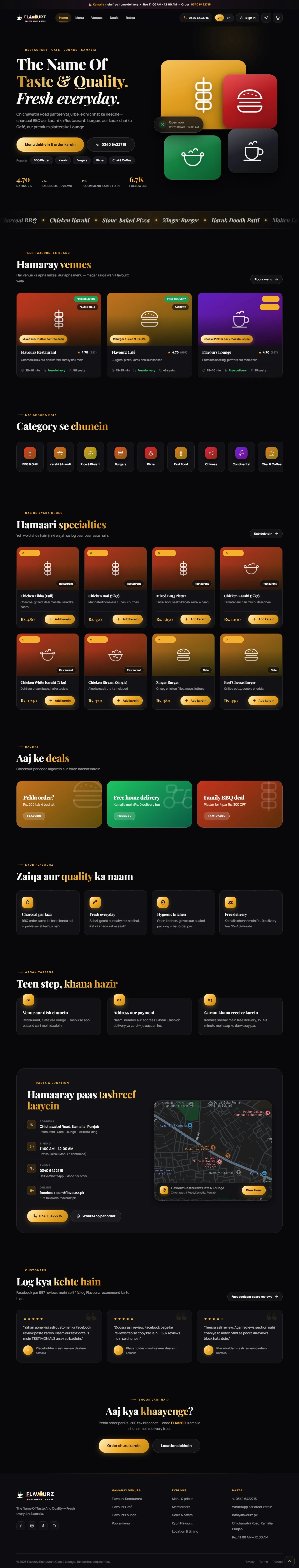Flavourz restaurant business application showing venues, food categories, menu items, deals and location details