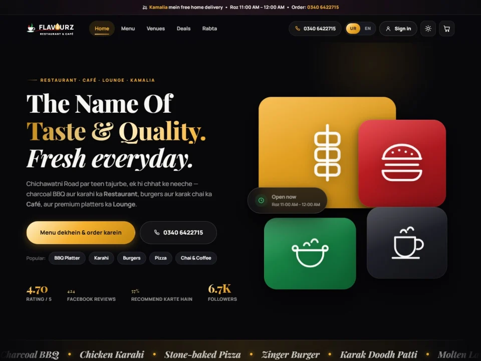 Flavourz restaurant business application showing venues, food menus, offers and location details