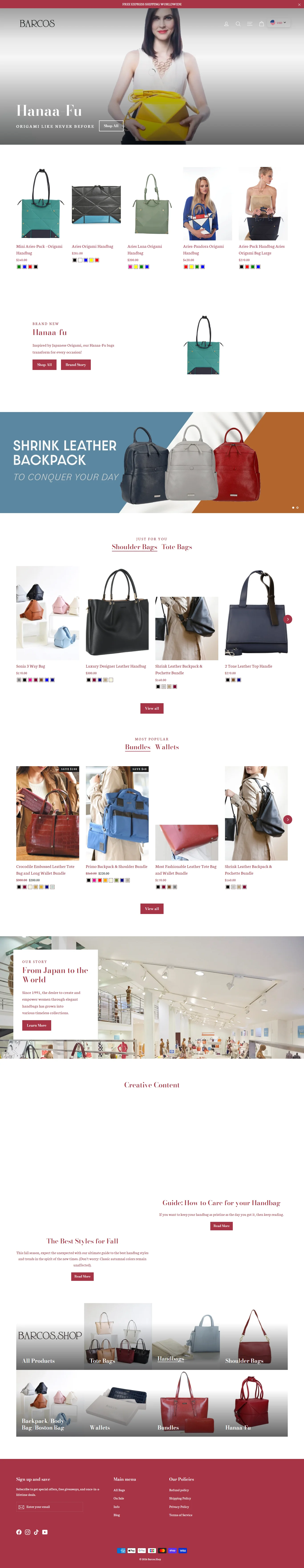 Barcoss e-commerce portfolio screenshot showing a bag collection