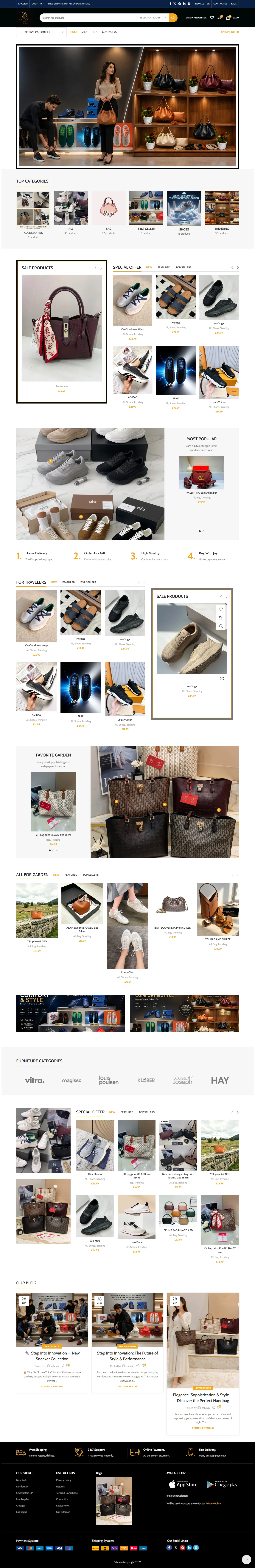 Zahrain storefront with bags, shoes, product categories and featured collections