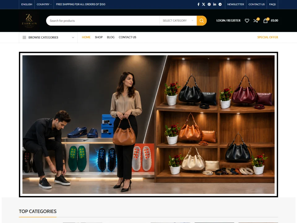 Zahrain storefront with bags, shoes, product categories and featured collections